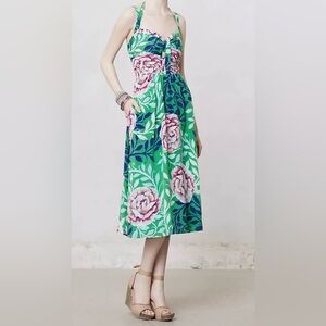 Anthropologie Moulinette Soeurs Rosamund Midi Dress Sz 4 Floral Green 100% Silk
